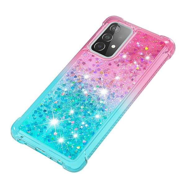 SKALO Samsung A52/A52s Kvicksand Glitter Hjerter TPU Cover - Pink-Turkis