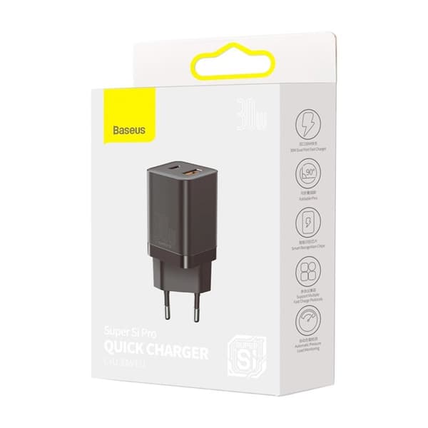 Baseus Super Si Pro Quick Charger C+U 30W Vegglader - Sort