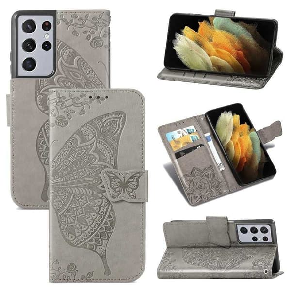 Samsung S21 Ultra Wallet Case PU-nahkainen 4-POCKET Motif Butterfly