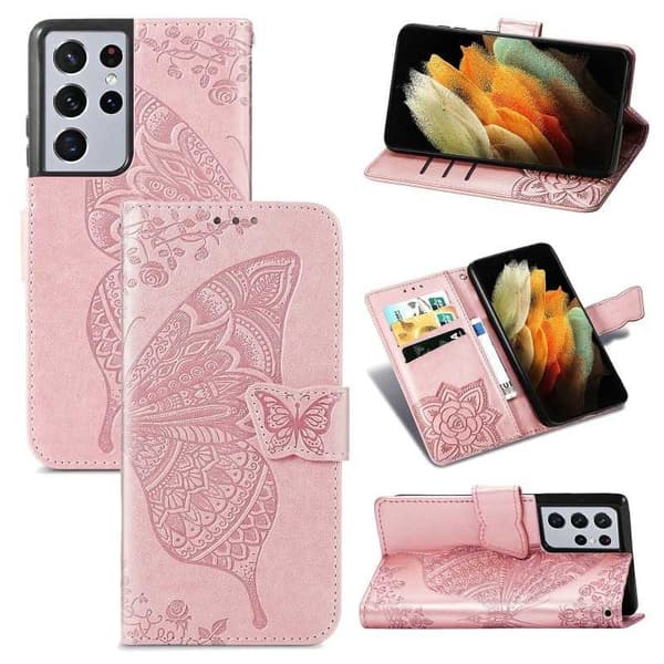 Samsung S21 Ultra Plånboksfodral PU-Läder 4-FACK Motiv Fjäril Rosenguld