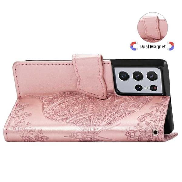 Samsung S21 Ultra Wallet Case PU-nahkainen 4-POCKET Motif Butterfly