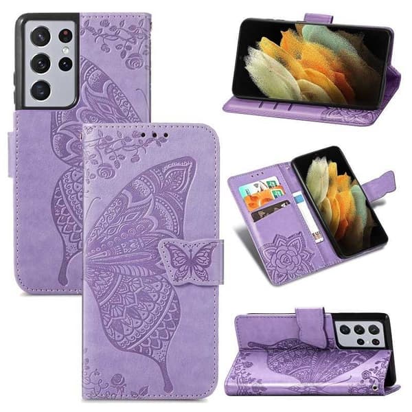 Samsung S21 Ultra Wallet Case PU-nahkainen 4-POCKET Motif Butterfly
