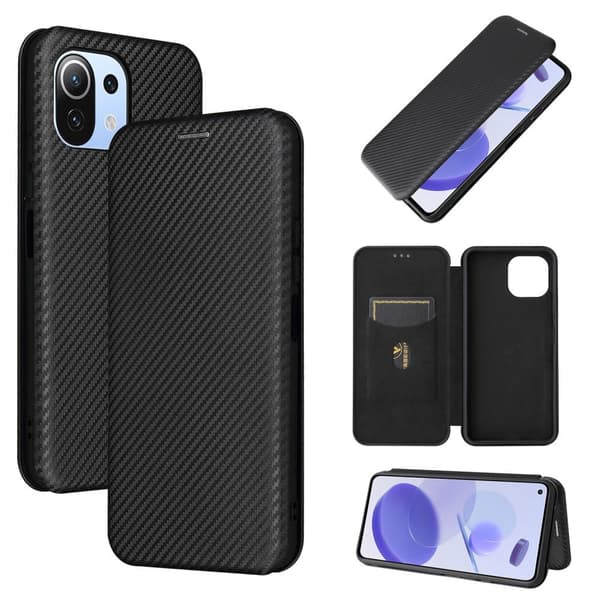 SKALO Xiaomi Mi 11 Lite Carbon Fiber Lompakkokotelo - Musta