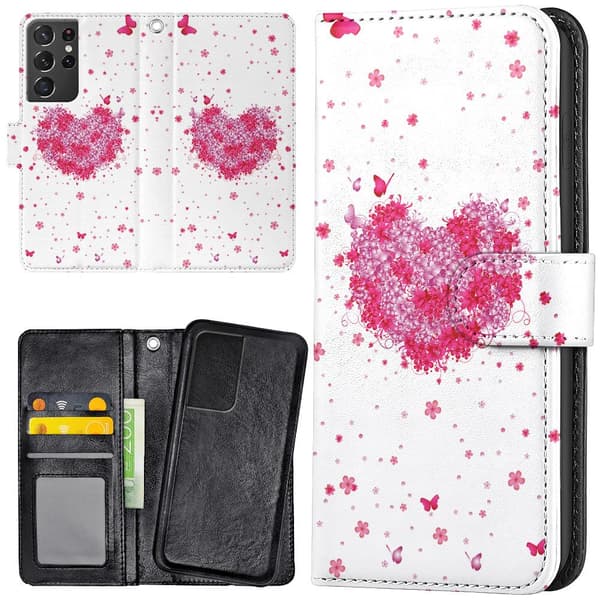 Samsung Galaxy S21 Ultra - Lommebok Deksel Blomsterhjerte