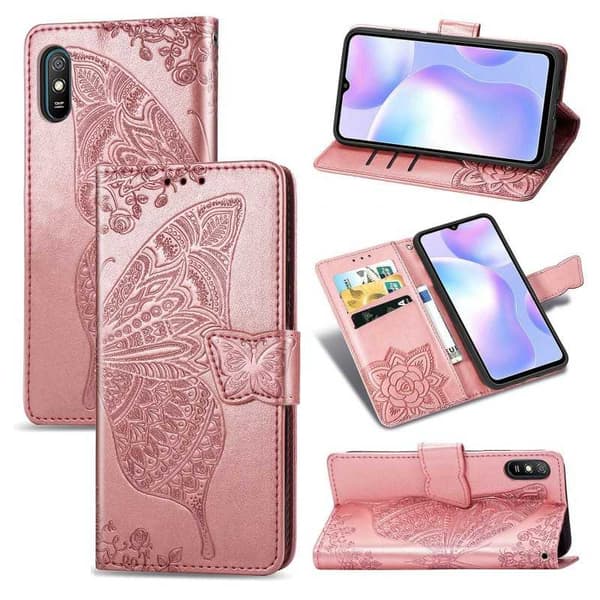 Xiaomi Redmi 9A Pung etui PU-læder 4-KOMPARTMENT Motiv Sommerfugl