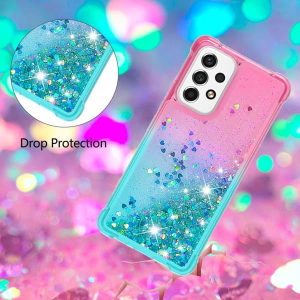 SKALO Samsung A53 5G Kvicksand Glitter Hjerter TPU Cover - Pink-Turkis