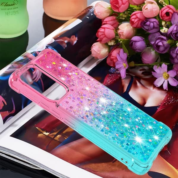 SKALO Samsung A53 5G Kvicksand Glitter Hjerter TPU Cover - Pink-Turkis