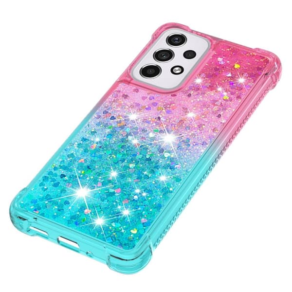 SKALO Samsung A33 5G Kvicksand Glitter Hjerter TPU Cover - Pink-Turkis