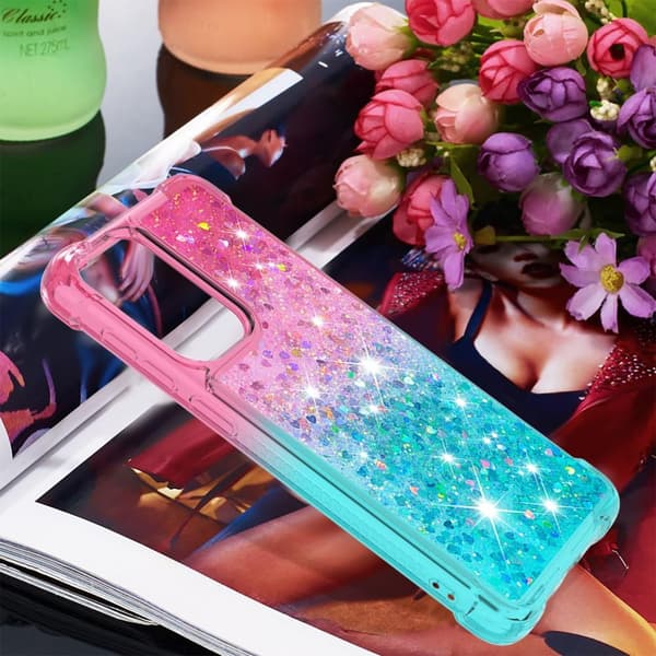 SKALO Samsung A33 5G Kvicksand Glitter Hjerter TPU Cover - Pink-Turkis