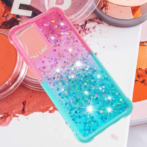 SKALO Samsung A13 4G Kvicksand Glitter Hjerter TPU Cover - Pink-Turkis