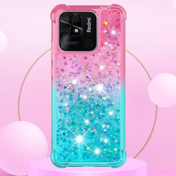 SKALO Xiaomi Redmi 10C Kvicksand Glitter Hjerter TPU Cover - Pink-Turkis