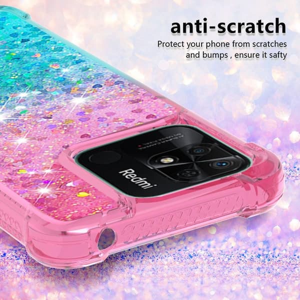 SKALO Xiaomi Redmi 10C Kvicksand Glitter Hjerter TPU Cover - Pink-Turkis