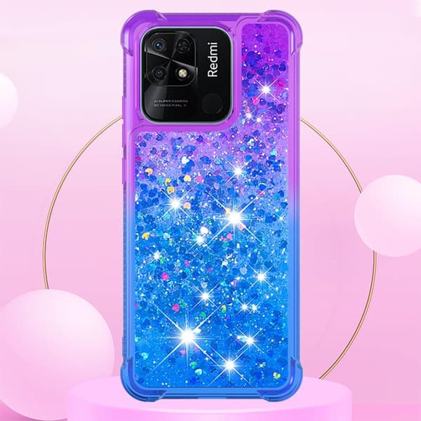 SKALO Xiaomi Redmi 10C Juoksuhiekka Glitter Sydämet TPU kuori - Violetti-Sininen