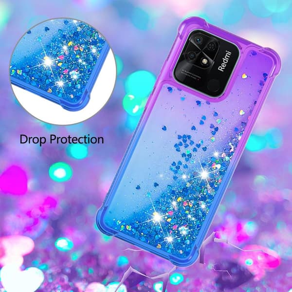 SKALO Xiaomi Redmi 10C Juoksuhiekka Glitter Sydämet TPU kuori - Violetti-Sininen