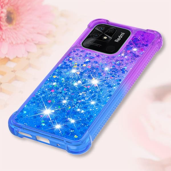 SKALO Xiaomi Redmi 10C Juoksuhiekka Glitter Sydämet TPU kuori - Violetti-Sininen