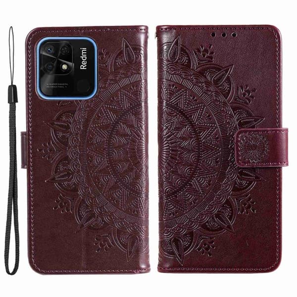 SKALO Xiaomi Redmi 10C Mandala lompakkokotelo - Tummanruskea