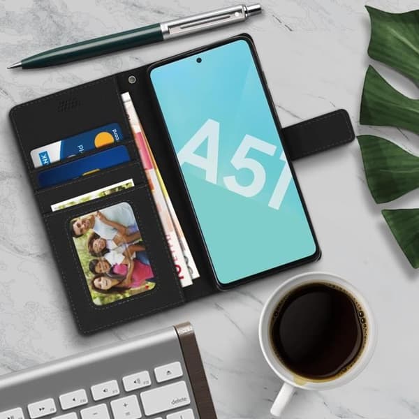 Hus till Samsung Galaxy A51 - AVIZAR - Plånboksfodral - Svart - Mjuk skal - Handrem ingår