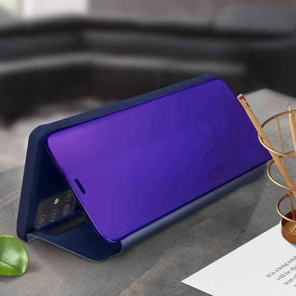 Hölster för Samsung Galaxy A51 - AVIZAR - Klapp med spegeleffekt - Semihård - Videostöd - Mörkblå