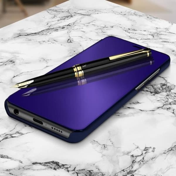 Hölster för Samsung Galaxy A51 - AVIZAR - Klapp med spegeleffekt - Semihård - Videostöd - Mörkblå