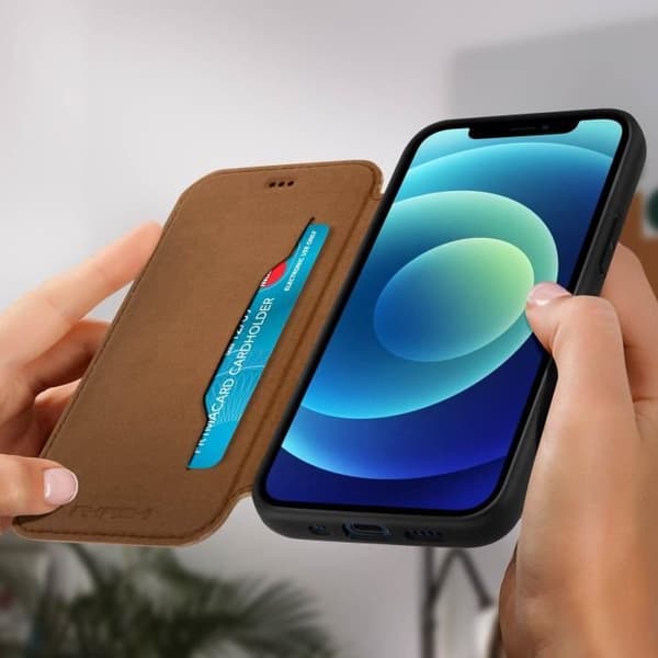 iPhone 12 Mini äkta läderfodral med korthållare och videostödfunktion - AKASHI - Brun