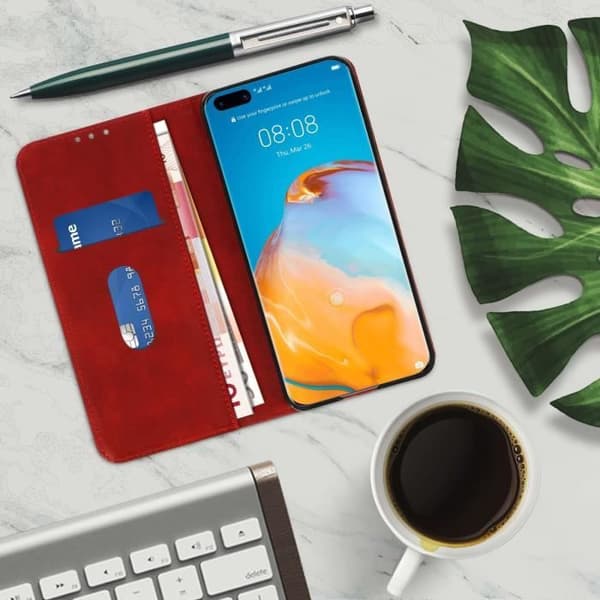 Housse Folio - AVIZAR - Huawei P40 Pro - Röd - Silikongele - Video Stöd
