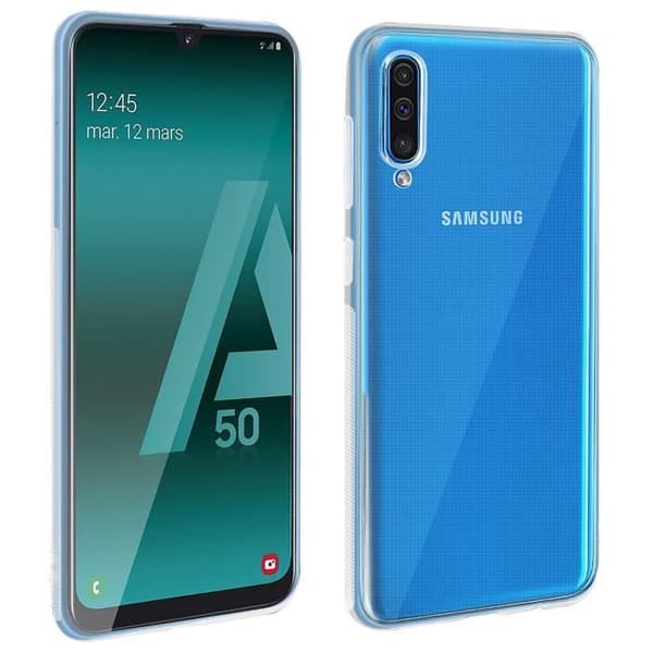 Skal och skydd film - AVIZAR - Galaxy A50 - Mjuk silikon - Härdat glas 9H - Transparent vit