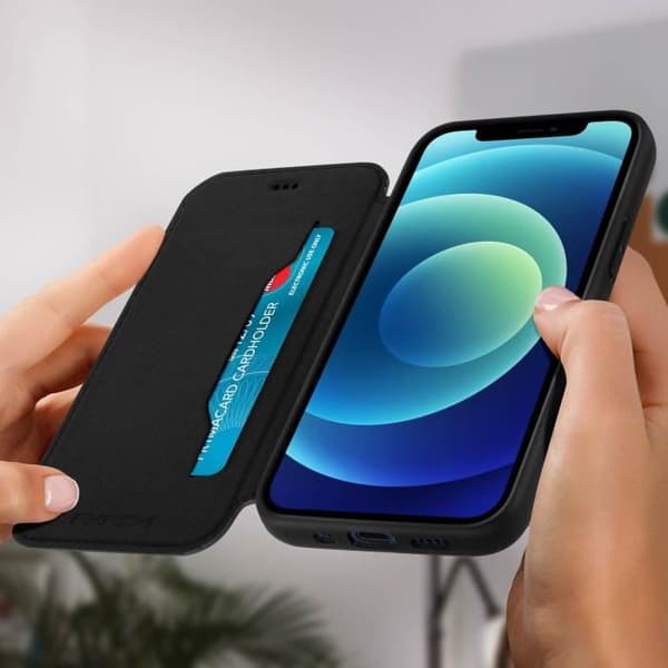 iPhone 12 Mini Läderfodral Korthållare Video Support Funktion Akashi Black
