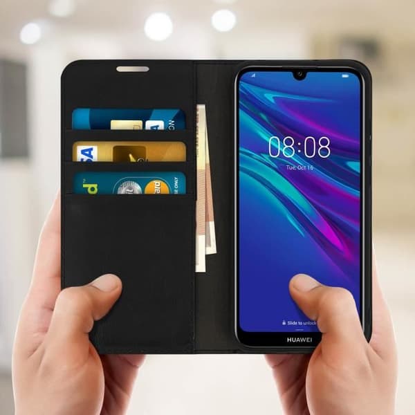 Etui Huawei Y6 2019 - AVIZAR - Folio Skinnfodral - Videostöd - Svart - Heltäckande Skydd