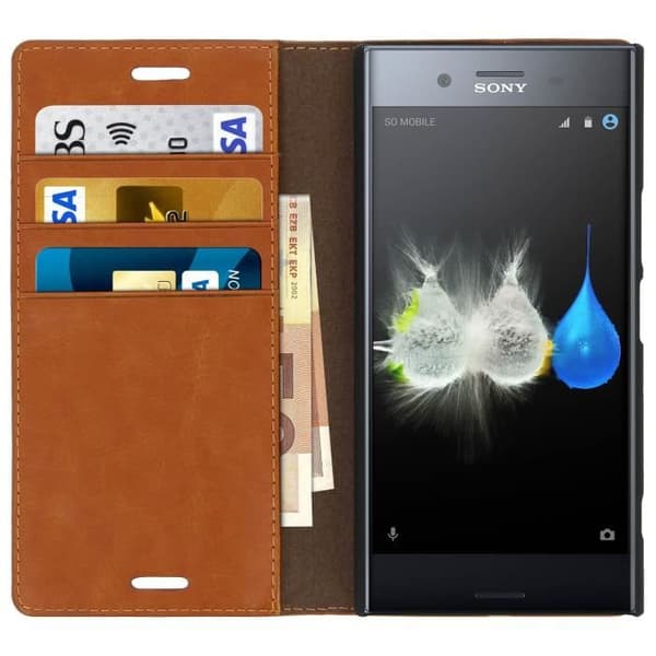 Etui Portefeuille - AVIZAR - Xperia XZ Premium - Läder Kamel - 3 Kortfack - Ställfunktion