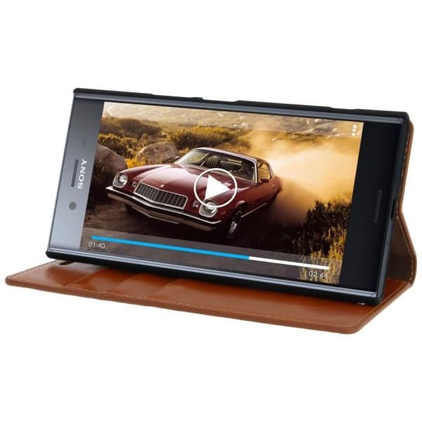 Etui Portefeuille - AVIZAR - Xperia XZ Premium - Läder Kamel - 3 Kortfack - Ställfunktion