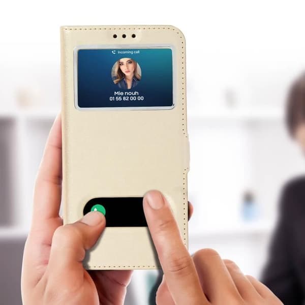 Etui Folio - AVIZAR - Samsung Galaxy S10e - Dubbel Fönster - Stöd Funktion - Guld