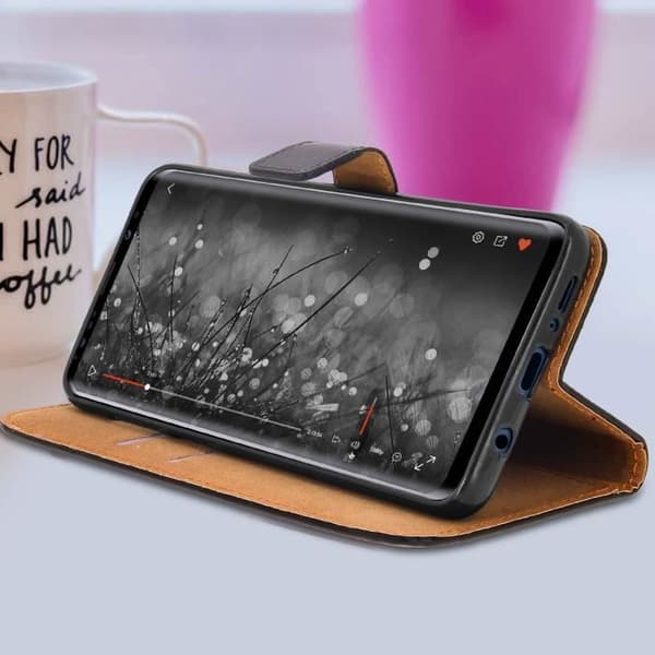 Etui Galaxy S9 Plus - Fodral - Äkta läder - Mjuk - Svart - Stödfunktion