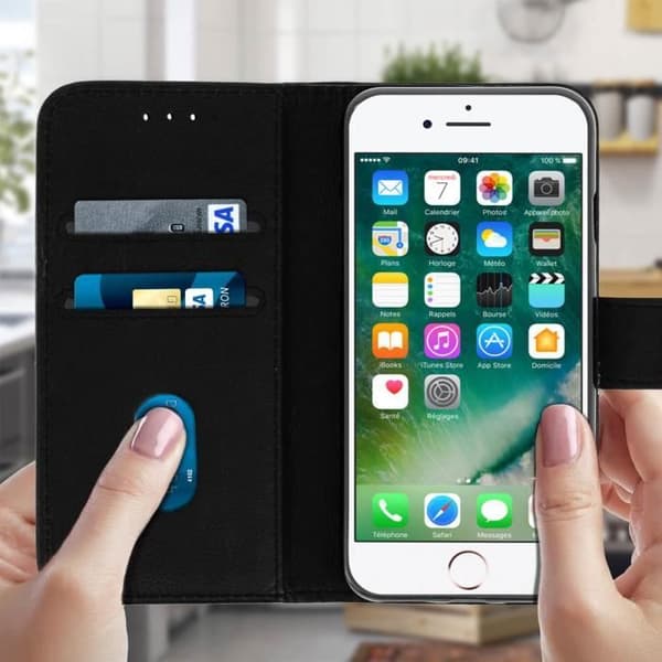 Hus iPhone 7/8 - AVIZAR - Fodral med lock - Svart - Video Ställning - Kortfack