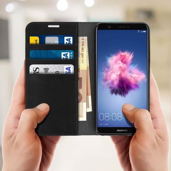 Huawei-fodral - P Smart - Folio-läderfodral - Video Stöd - Svart - Heltäckande skydd