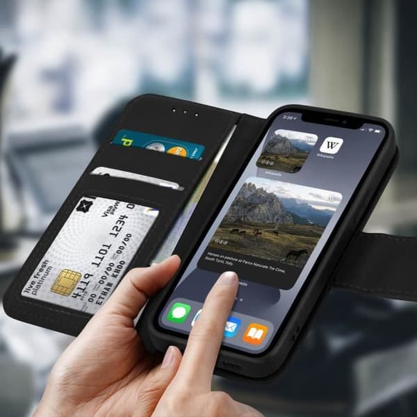 iPhone 12/12 Pro-hölje - AVIZAR - Kalvskinn - Video stödfunktions - Kortfack - Svart