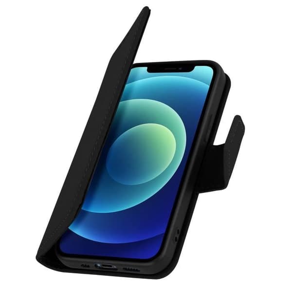 iPhone 12/12 Pro-hölje - AVIZAR - Kalvskinn - Video stödfunktions - Kortfack - Svart