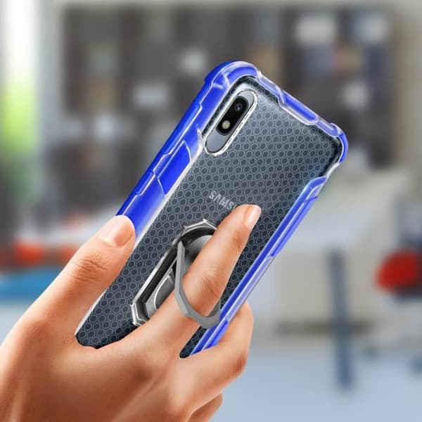 Samsung Galaxy A10 bi-material fodral Contour Bumper Mörkblå metallring Blå