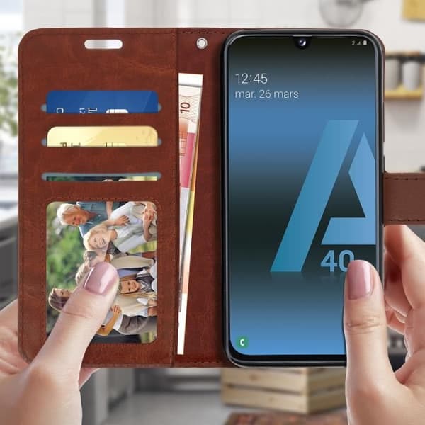 Plånboksfodral - AVIZAR - Galaxy A40 - Ekologisk läder - Brun - Videostöd
