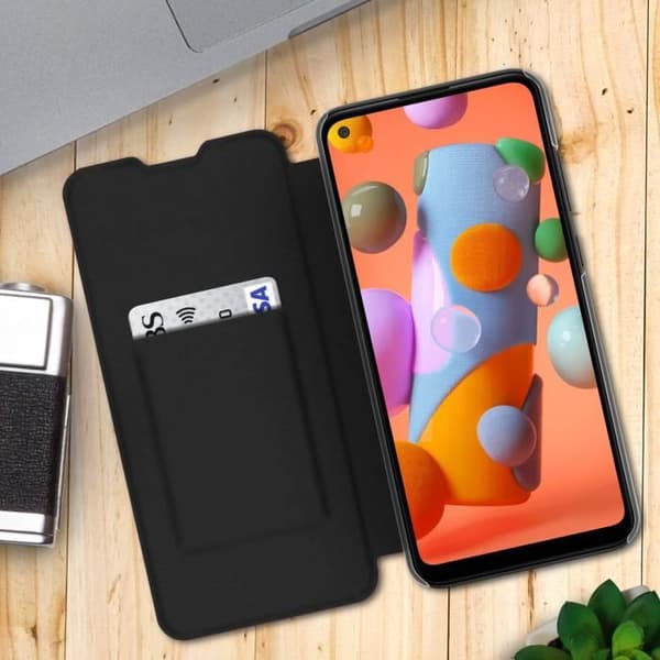 Samsung Galaxy A11 texturerat ekologiskt läderfodral Stötsäkert anti-skrapkorthållare svart