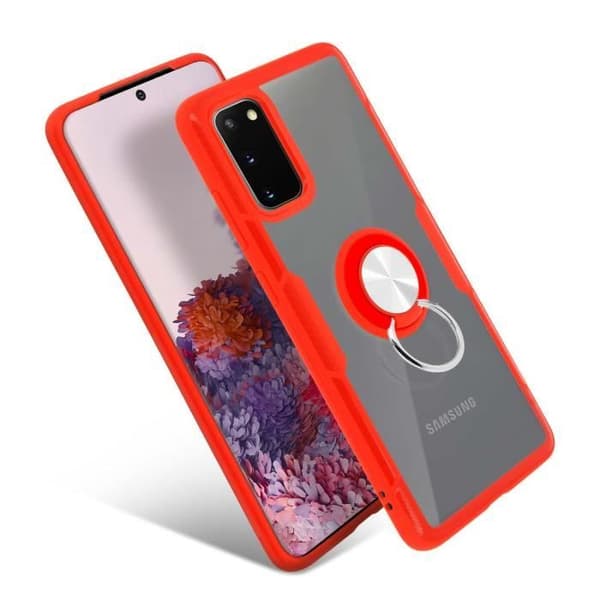 Galaxy S20 Rigid Case Metallic Support Ring Transparent / Röd