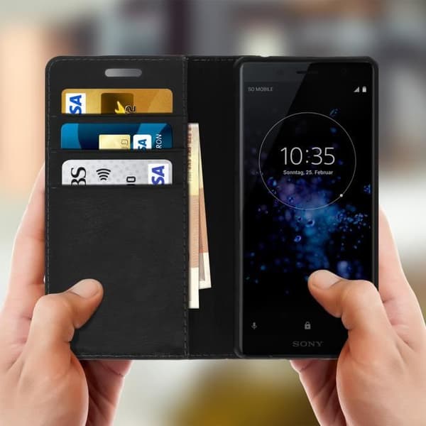 Etui - AVIZAR - Sony Xperia XZ2 Compact - Äkta läder - Svart - Videostöd