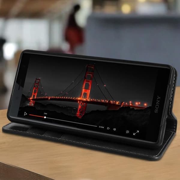 Etui - AVIZAR - Sony Xperia XZ2 Compact - Äkta läder - Svart - Videostöd