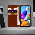 Miniatyrbild 3 av 4: Fodral till Samsung Galaxy A21s - AVIZAR - Folio av äkta läder - Brun - Korthållare - Videostöd