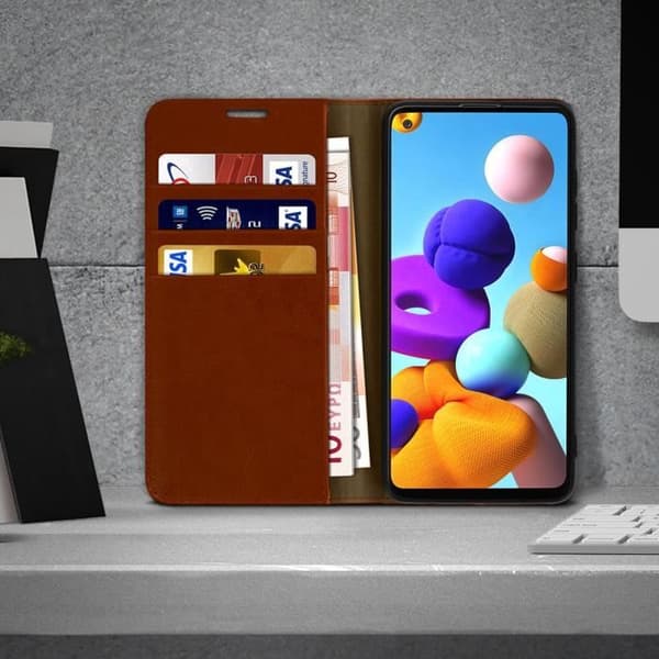 Fodral till Samsung Galaxy A21s - AVIZAR - Folio av äkta läder - Brun - Korthållare - Videostöd