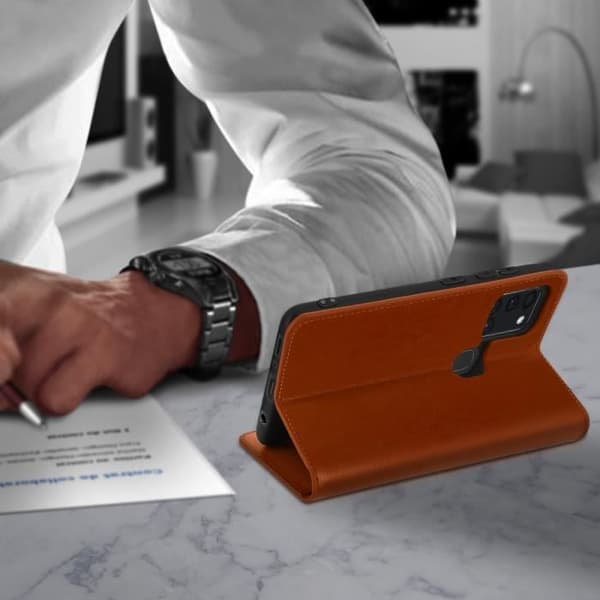 Fodral till Samsung Galaxy A21s - AVIZAR - Folio av äkta läder - Brun - Korthållare - Videostöd