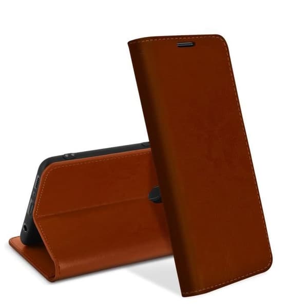 Fodral till Samsung Galaxy A21s - AVIZAR - Folio av äkta läder - Brun - Korthållare - Videostöd