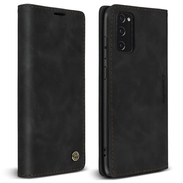 Plånboksfodral - AVIZAR - Samsung Galaxy S20 FE - Svart läder - Vintage - Videostöd