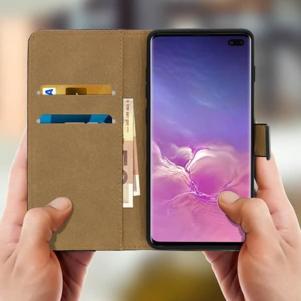 Hölster för Samsung Galaxy S10 Plus - Äkta läder - Svart - Videostöd - Magnetisk - Vuxen