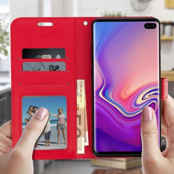 Hölster för Samsung Galaxy S10 Plus - Ekoklädsel - Plånbok - Videoställ - Röd - Magnetisk