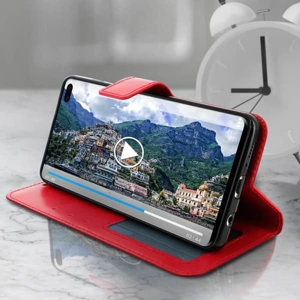 Hölster för Samsung Galaxy S10 Plus - Ekoklädsel - Plånbok - Videoställ - Röd - Magnetisk
